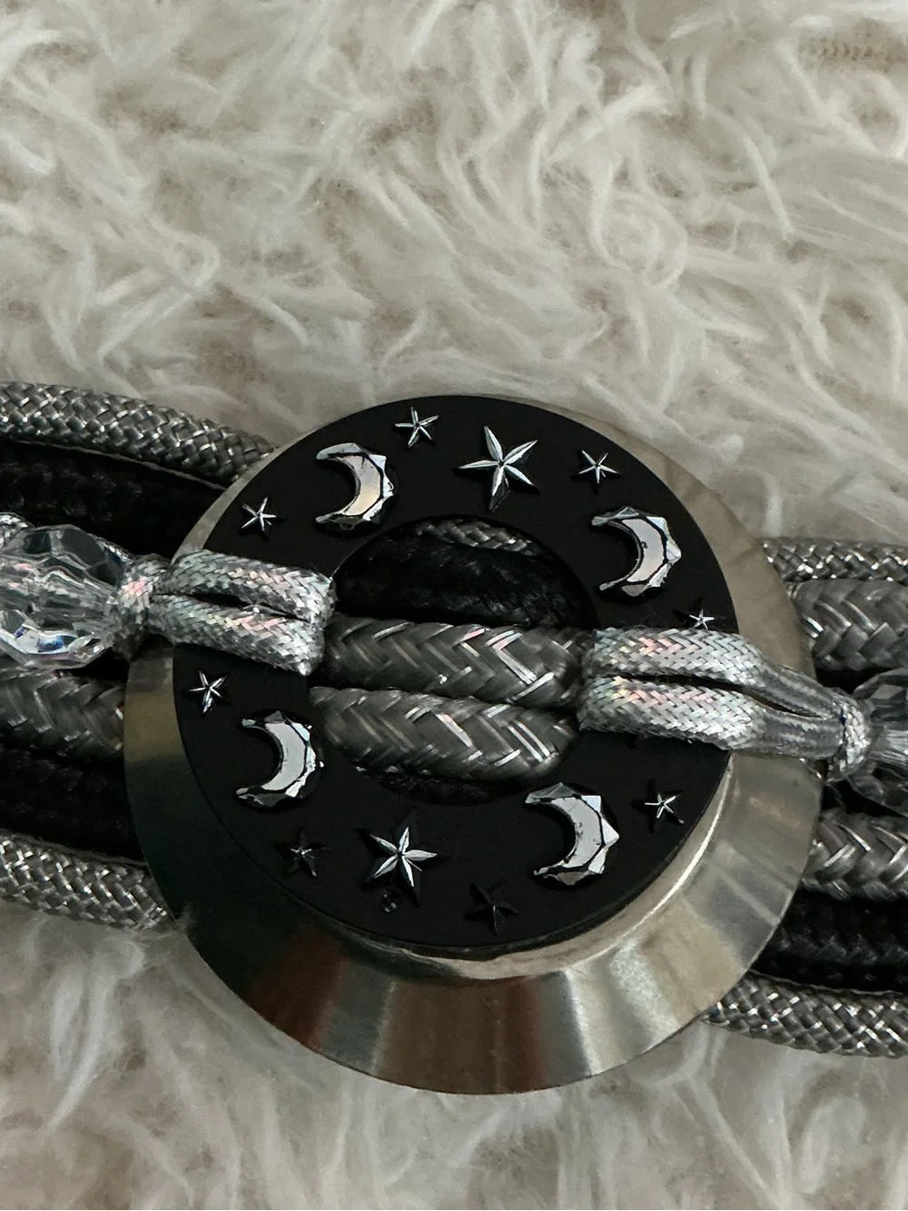 Vintage 80s Black Braided Macrame Belt Chunky Medallion Boho Star & Moon M/L